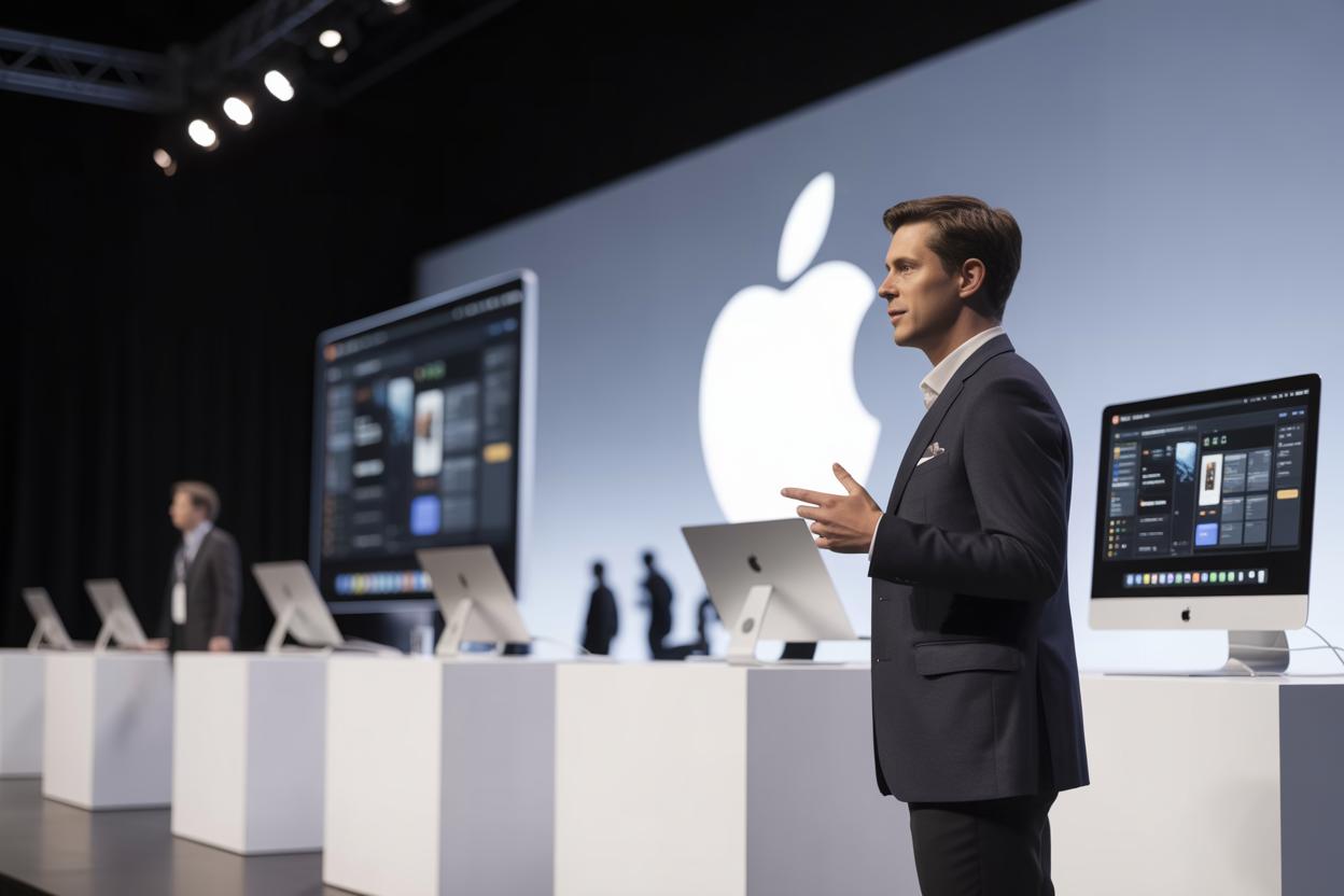 Logotipos dos sistemas operacionais da Apple em exposição