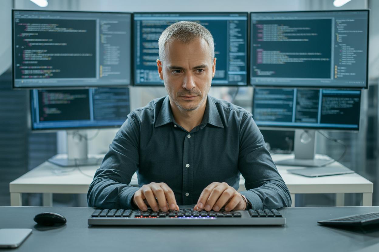 Desenvolvedor analisando código fonte em tela de computador com interfaces de IA