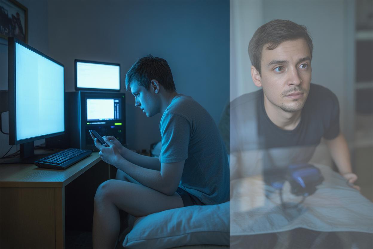 Jovem utilizando dispositivos eletrônicos em ambiente doméstico