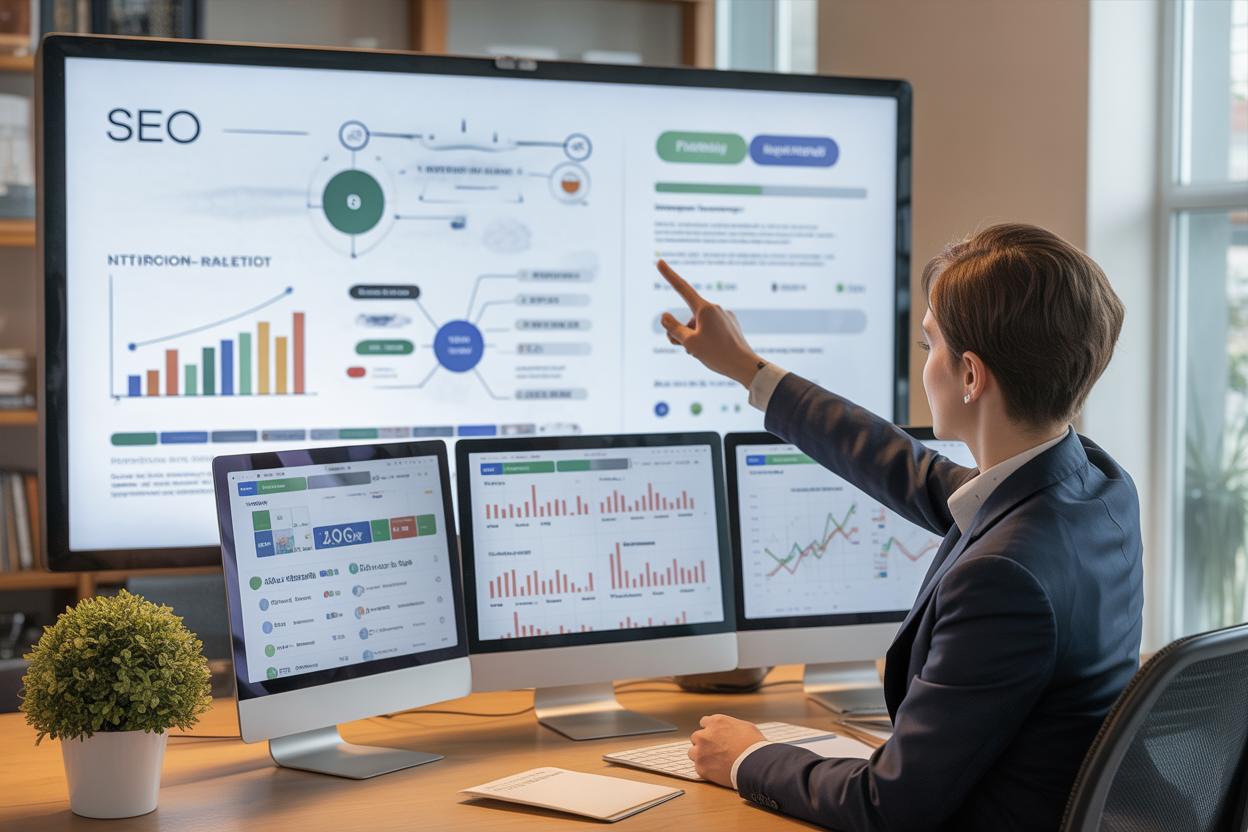 Planejamento estratégico de SEO com gráficos e métricas de performance