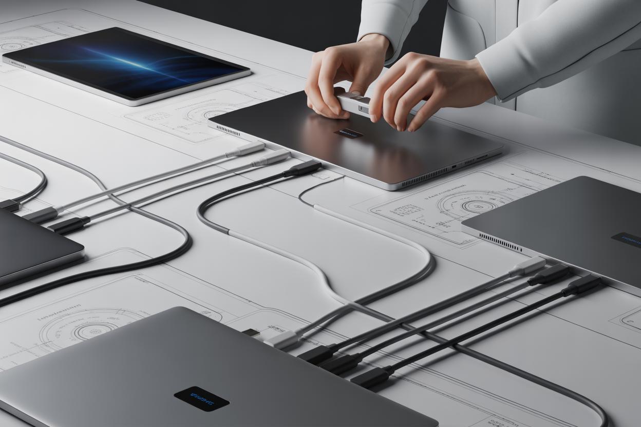 Porta USB-C em notebook com Windows 11 mostrando novo padrão de conexão