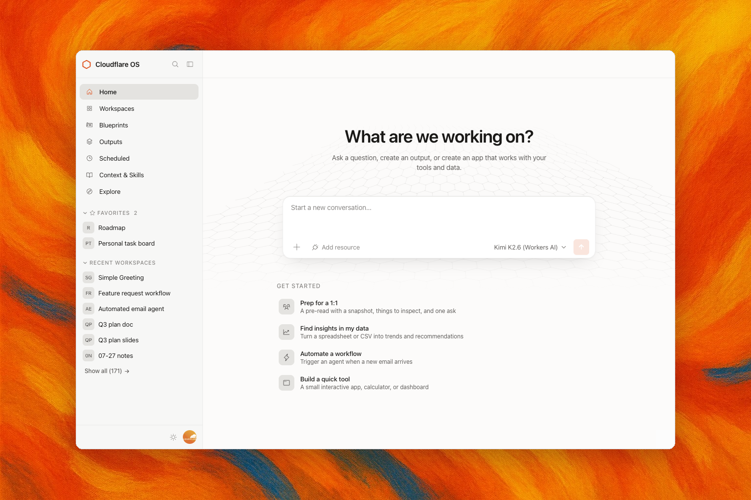 Workspace do Cloudflare OS mostrando sessão de agente, contexto e skills curadas pela empresa