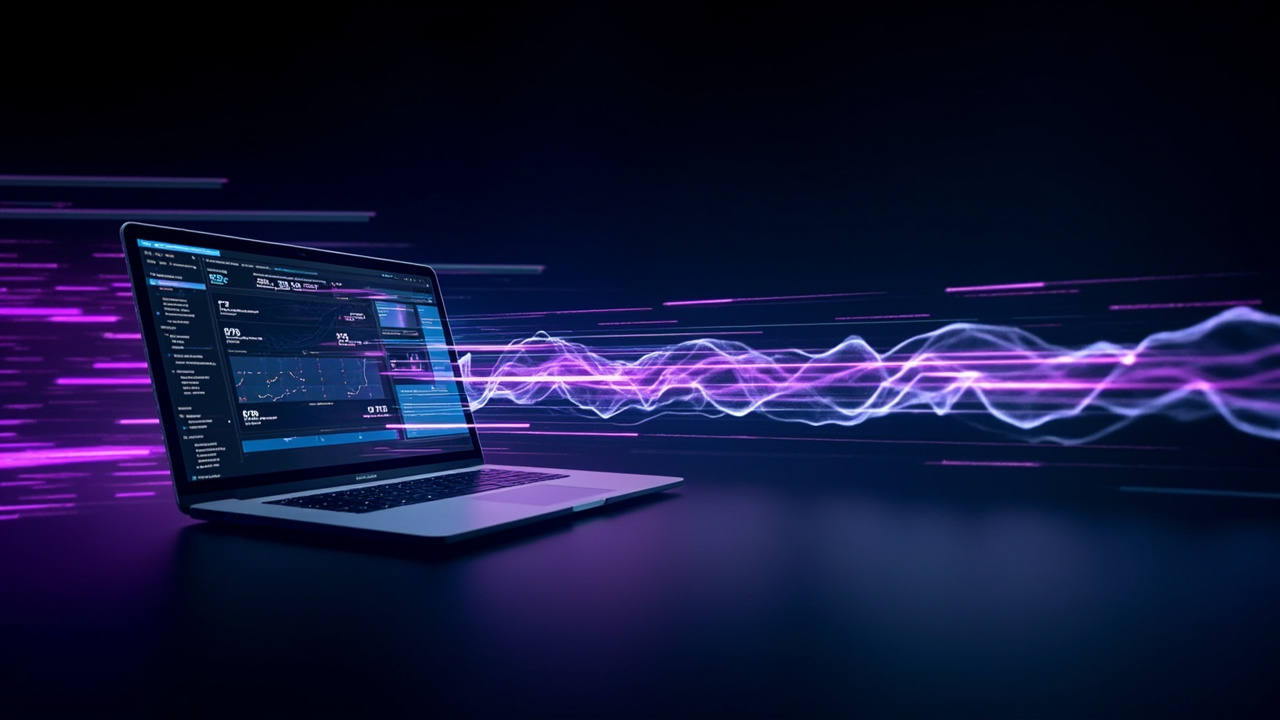 Integracao de ERP com e-commerce - dois sistemas conectados por fluxo de dados com acentos neon roxos e azuis