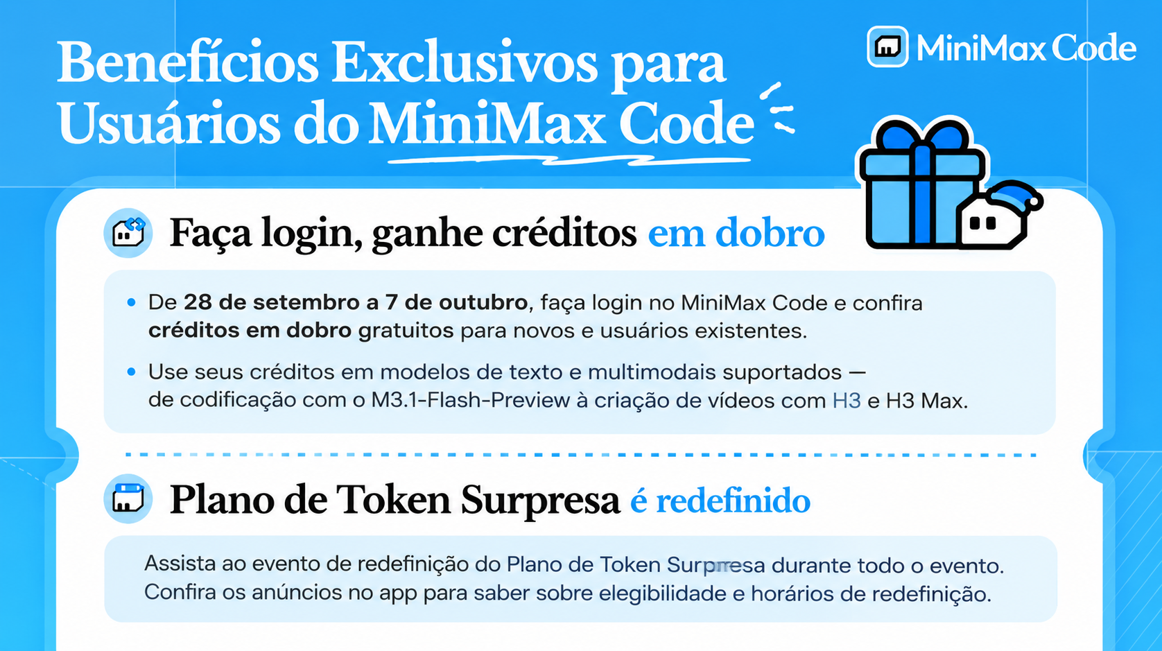 Banner promocional do MiniMax Code anunciando créditos em dobro entre 28 de setembro e 7 de outubro de 2026