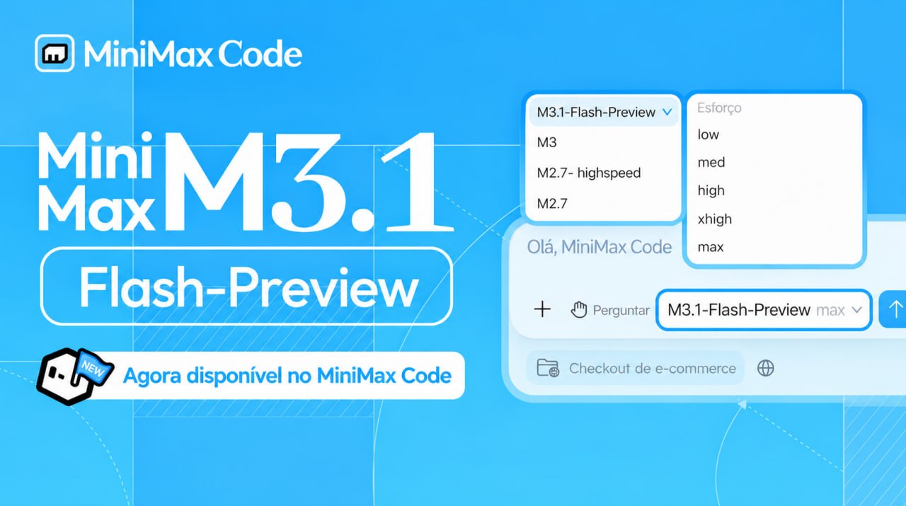 Interface do MiniMax Code mostrando o seletor M3.1-Flash-Preview com dropdown de esforço low, medium, high, xhigh e max